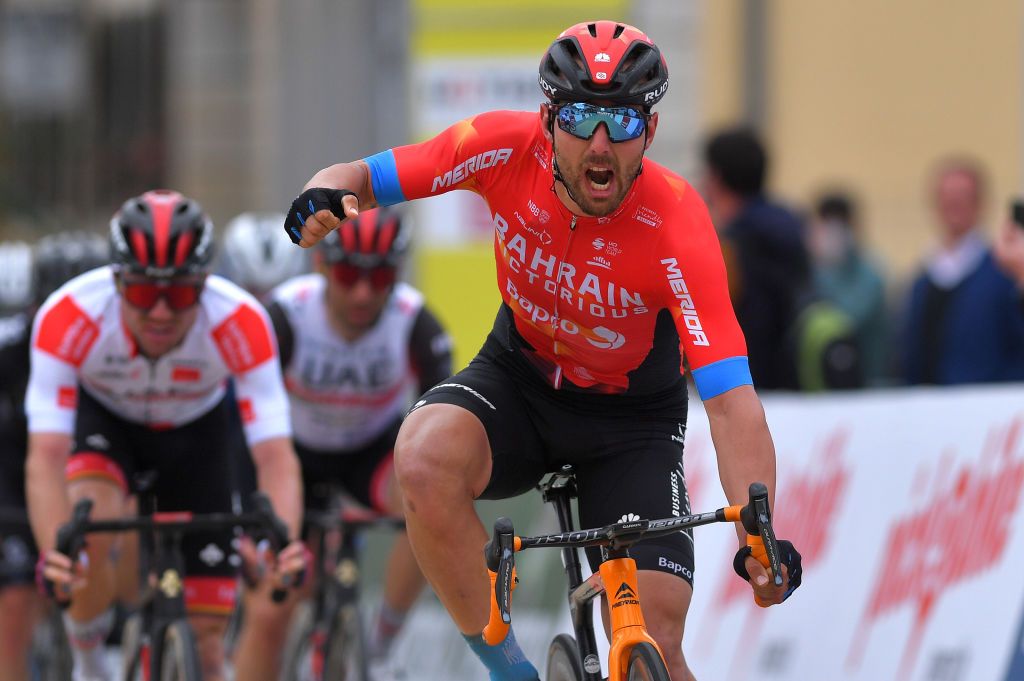 SAINTIMIER SWITZERLAND APRIL 29 Sonny Colbrelli of Italy and Team Bahrain Victorious celebrates at arrival during the 74th Tour De Romandie 2021 Stage 2 a 1657km stage from La Neuveville to SaintImier TDR2021 TDRnonstop UCIworldtour on April 29 2021 in SaintImier Switzerland Photo by Luc ClaessenGetty Images