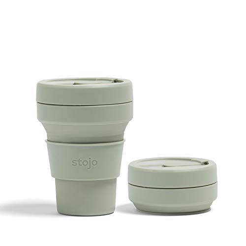 Stojo On-The-Go Collapsible Coffee Cup - 12oz / 355ml - Reusable &amp;amp; Foldable Silicone Travel Mug With Lid - Portable, Pocket Size - Dishwasher Safe - Sage