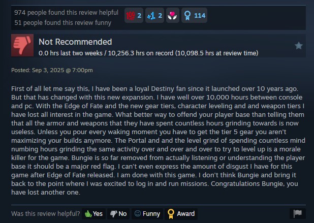 Negative Steam review of Destiny 2 after 10,000 hours