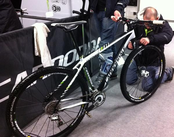 Fresh decals are applied to this 2012 Cannondale Factory Team Flash bike