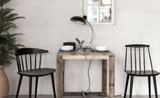 Square wooden table with 2 chairs, table set with lamp