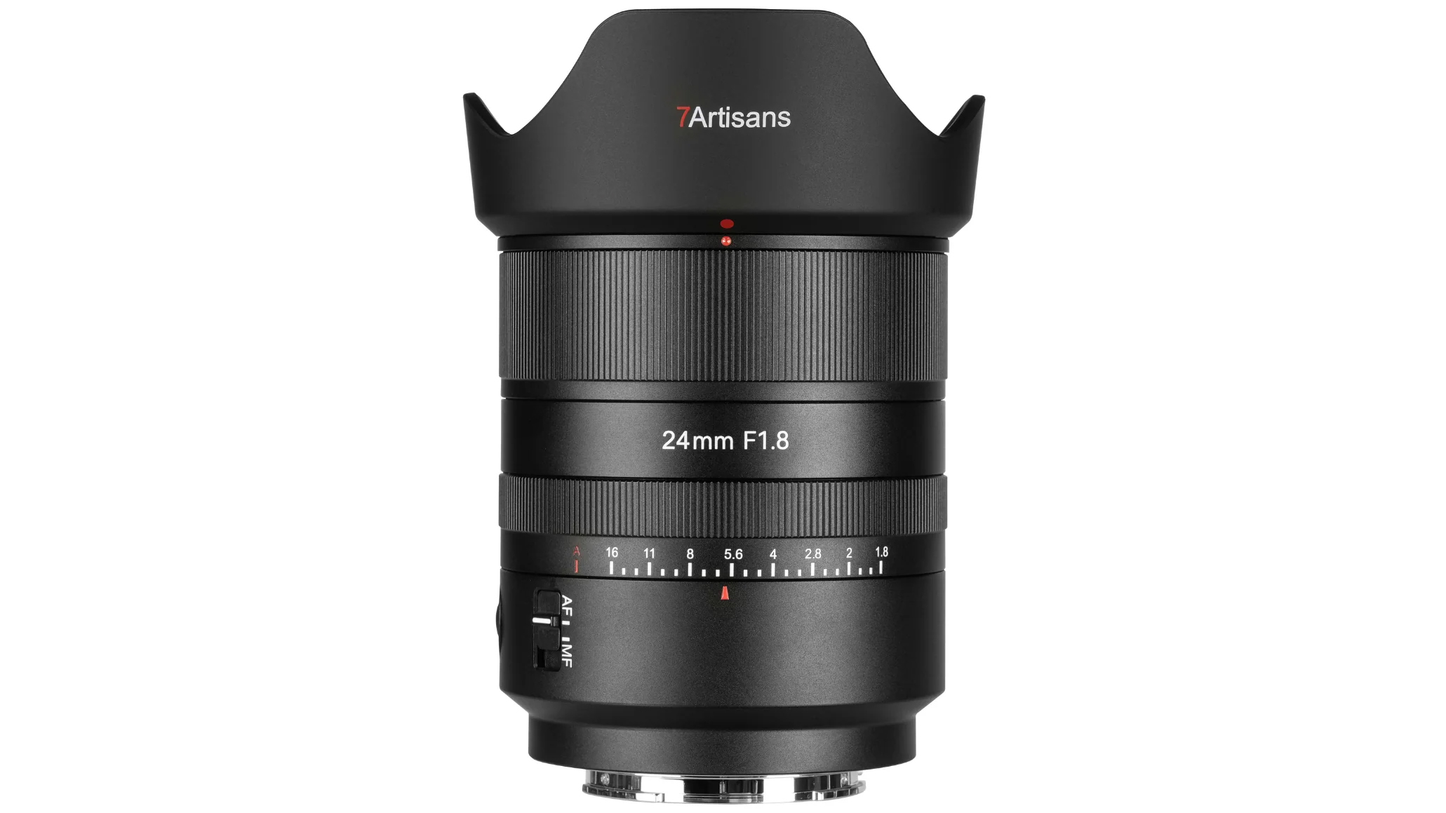 7Artisans 24mm F1.8 lens with a petal-shaped lens hood, showcasing a sleek black design and focus markings on the body