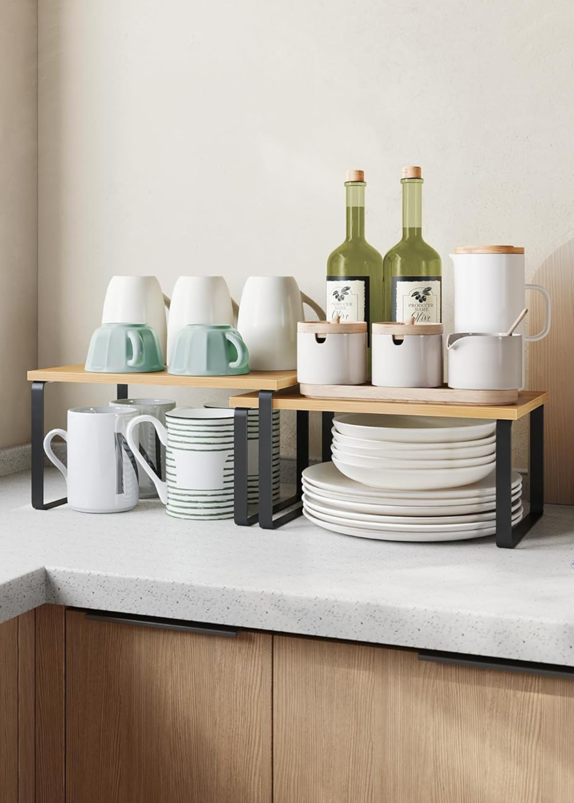 SONGMICS, Songmics Spice Rack, Set of 2 Cupboard Shelf Organiser, Expandable Kitchen Shelf Organiser, Stackable Spice Holder, Metal and Engineered Wood, Black and Natural Kcs02nb