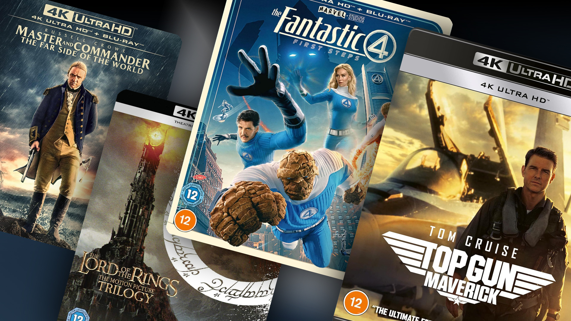 A main image featuring the 4K Blu-rays of Top Gun: Maverick, The Fantastic Four: First Steps, The Lord of the Rings Trilogy and Master and Commander
