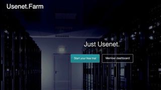 Usenet Farm web front page showing a server farm and the option to join