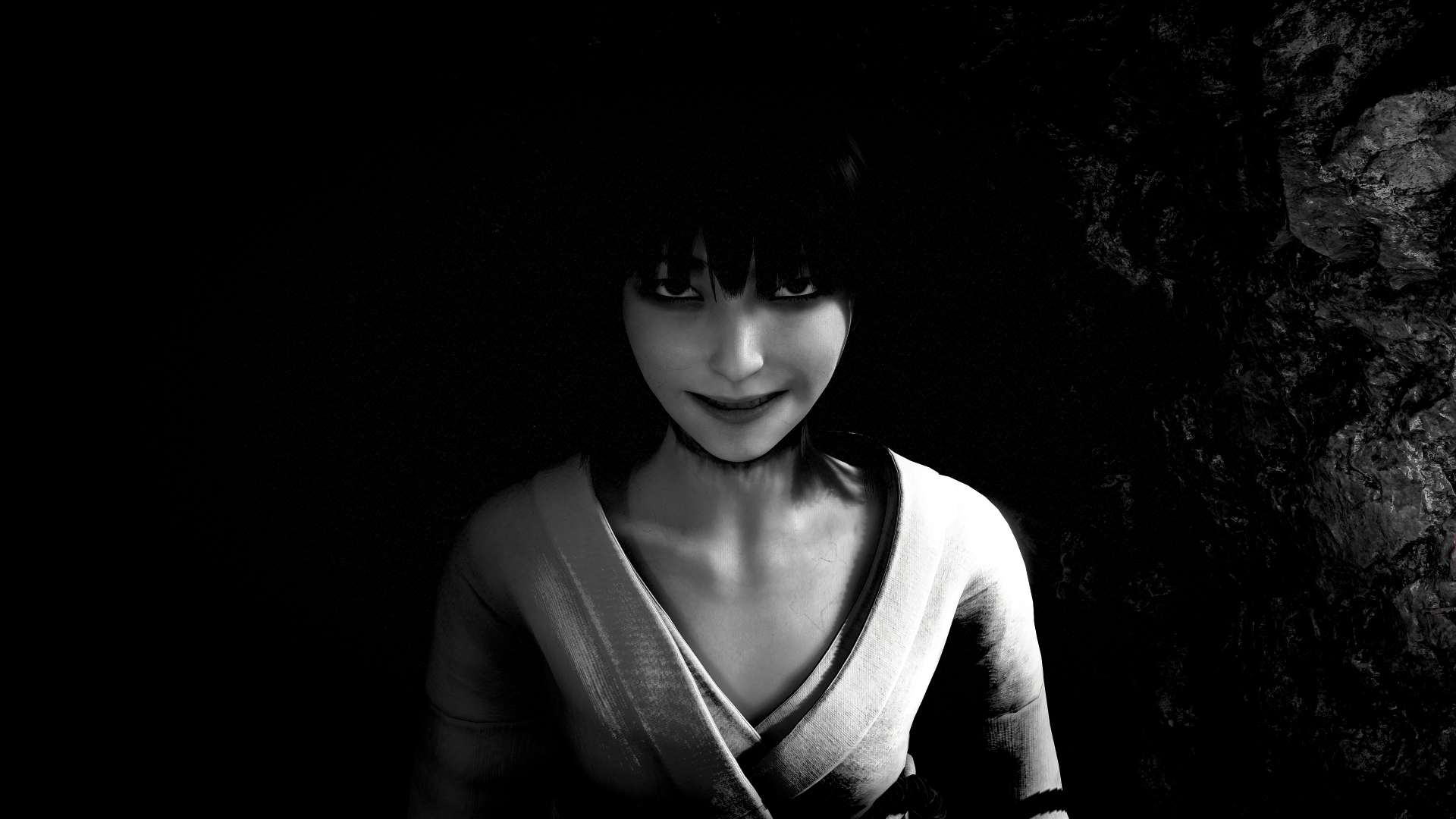 A seemingly possessed girl stares menacingly at the camera in Fatal Frame 2: Crimson Butterfly Remake