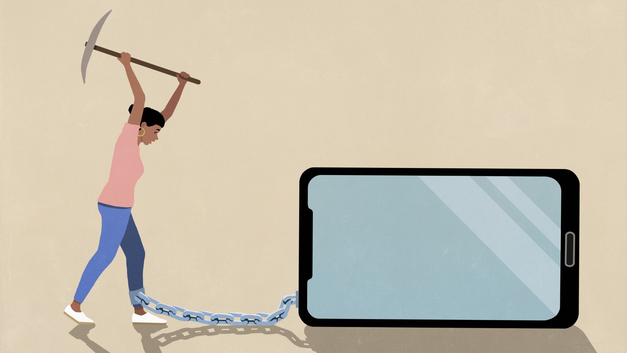Woman with pickaxe breaking chain connecting her ankle to large smart phone
