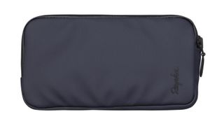 A rectangular navy pouch on a white background