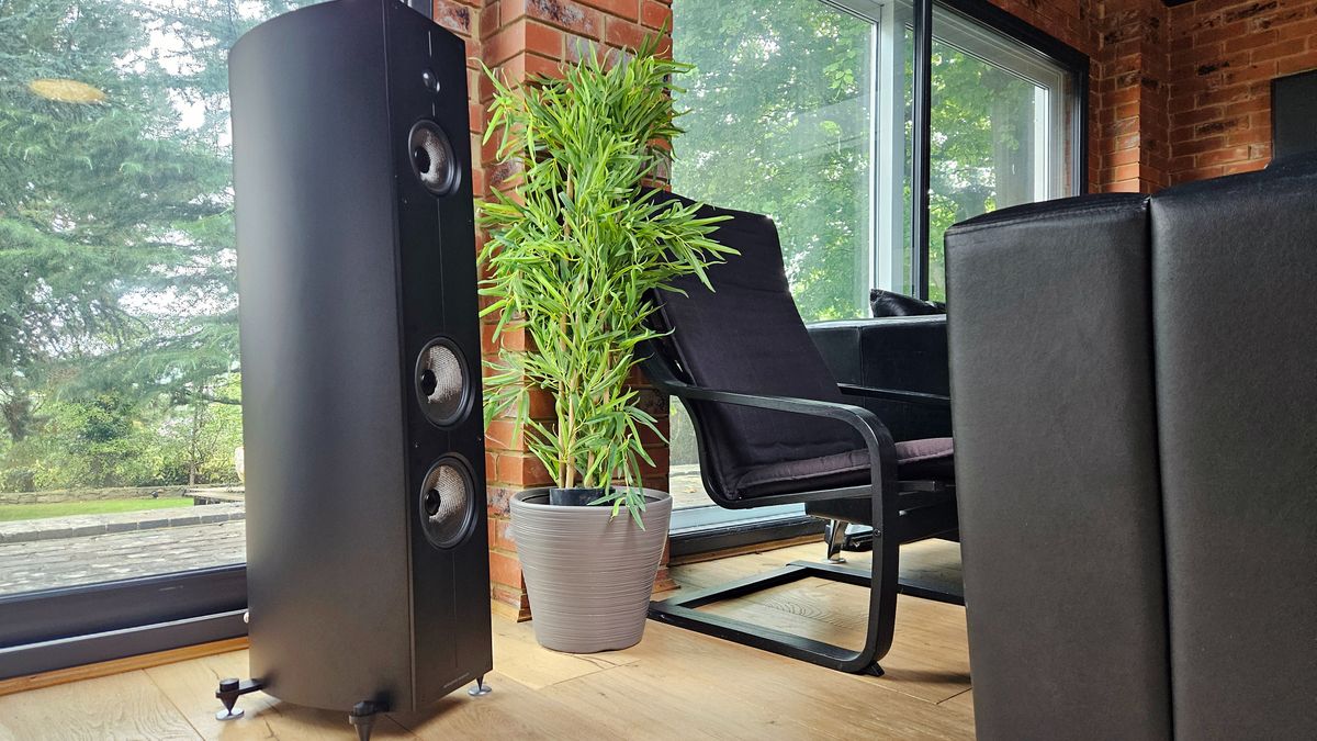 Acoustic Energy Corinium Floorstanding Speaker next to a plant and a chair in a listening room