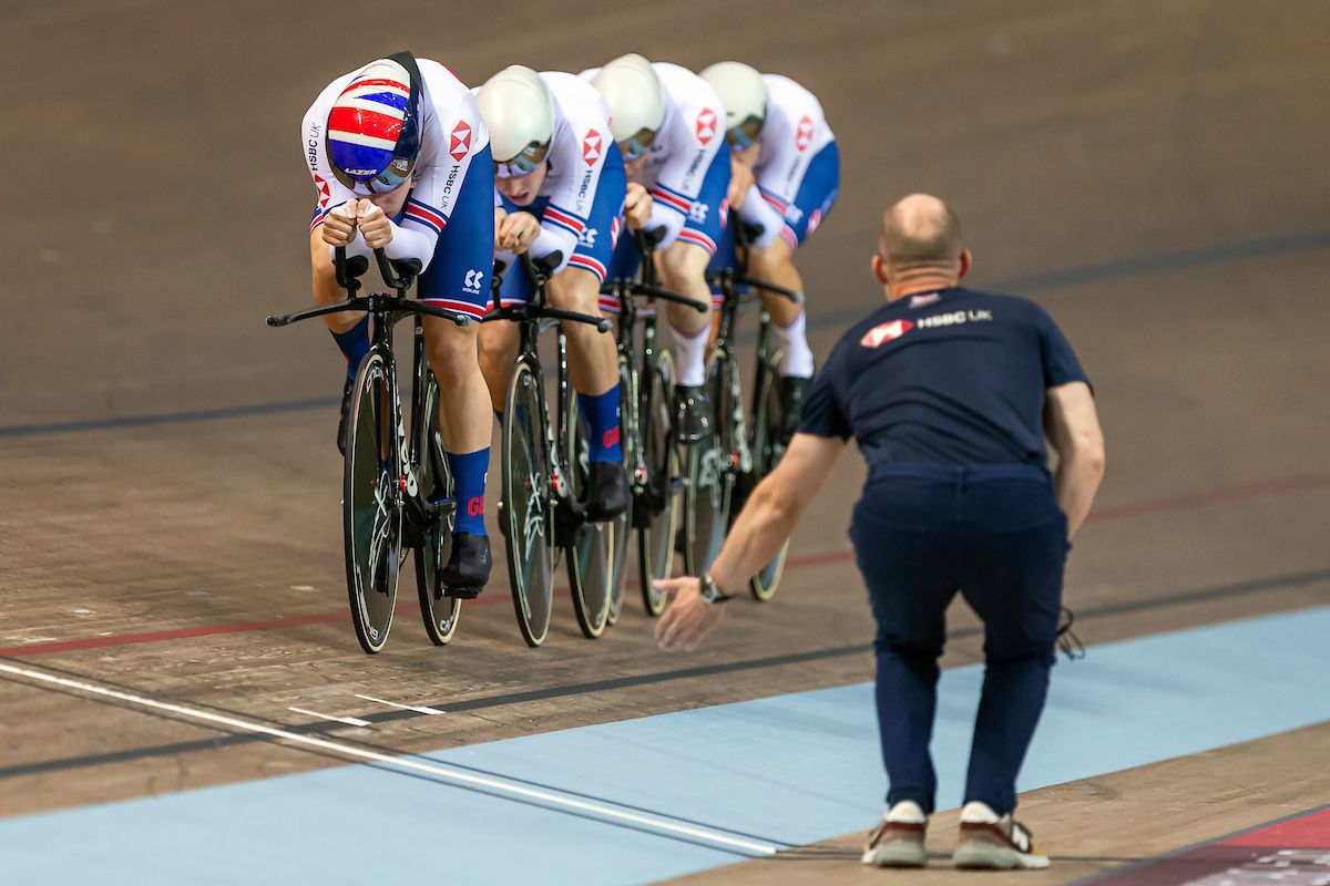 Charlie Tanfield, Ethan Hayter, Ollie Wood and Ed Clancy of Great Britain in action during the Mens Team Pursuit first round.