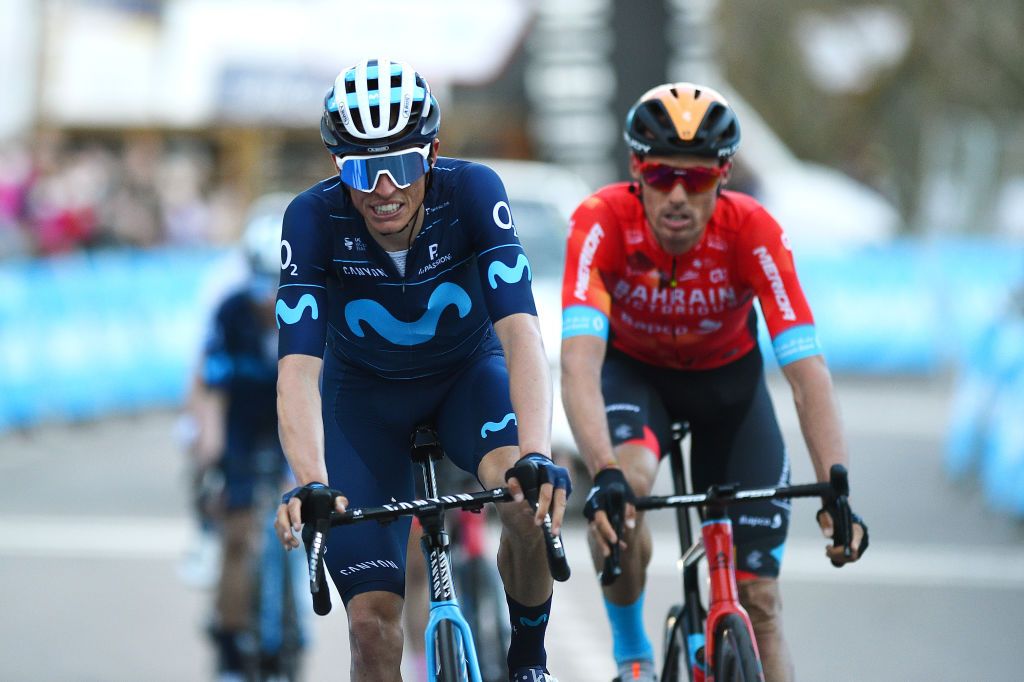 TORRALBA DEL PINAR SPAIN FEBRUARY 02 Enric Mas Nicolau of Spain and Movistar Team crosses the finishing line during the 73rd Volta A La Comunitat Valenciana 2022 Stage 1 a 1667km stage from Les Alqueries to Torralba Del Pinar 735m VCV2022 on February 02 2022 in Torralba Del Pinar Spain Photo by Dario BelingheriGetty Images