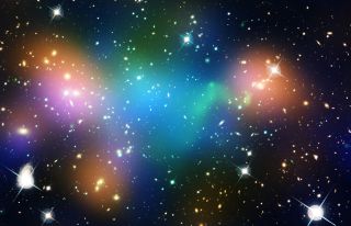 The galaxy cluster Abell 520, with suspected dark matter highlighted in blue. 
