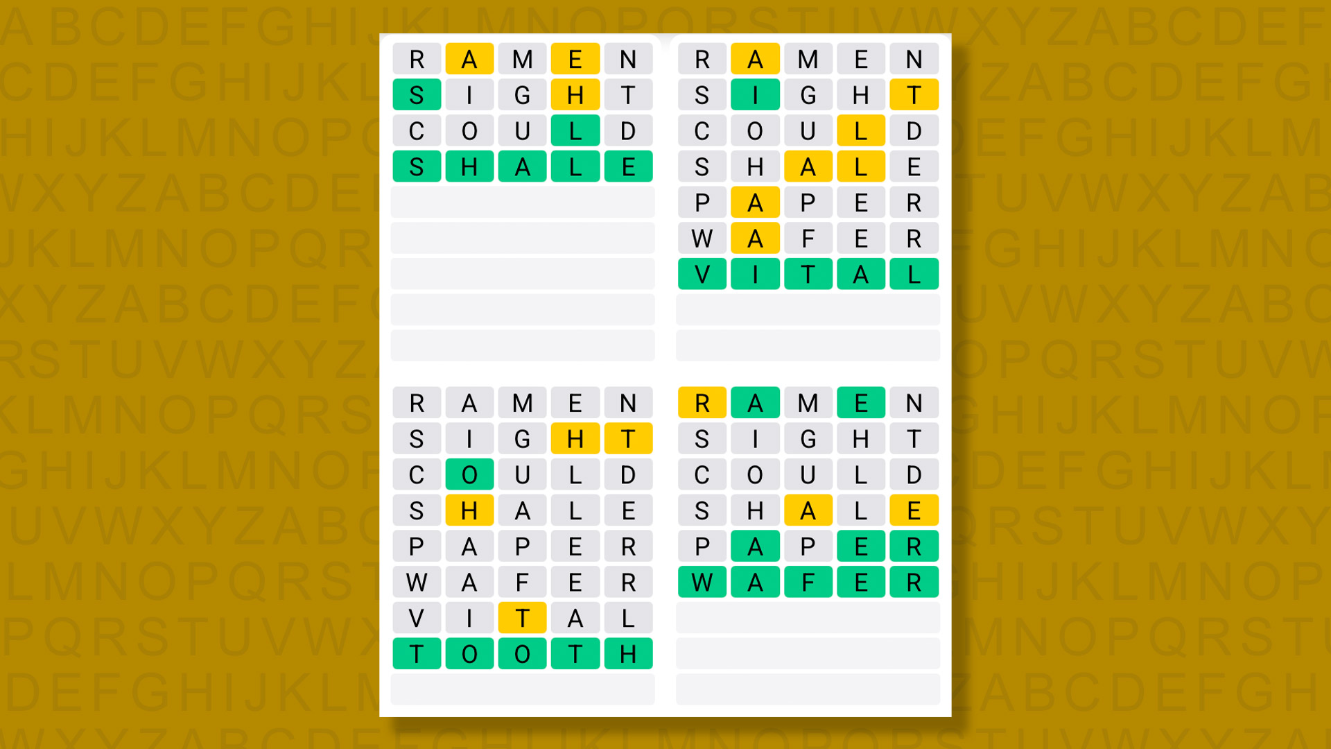 Quordle answers for game 1409 on a yellow background