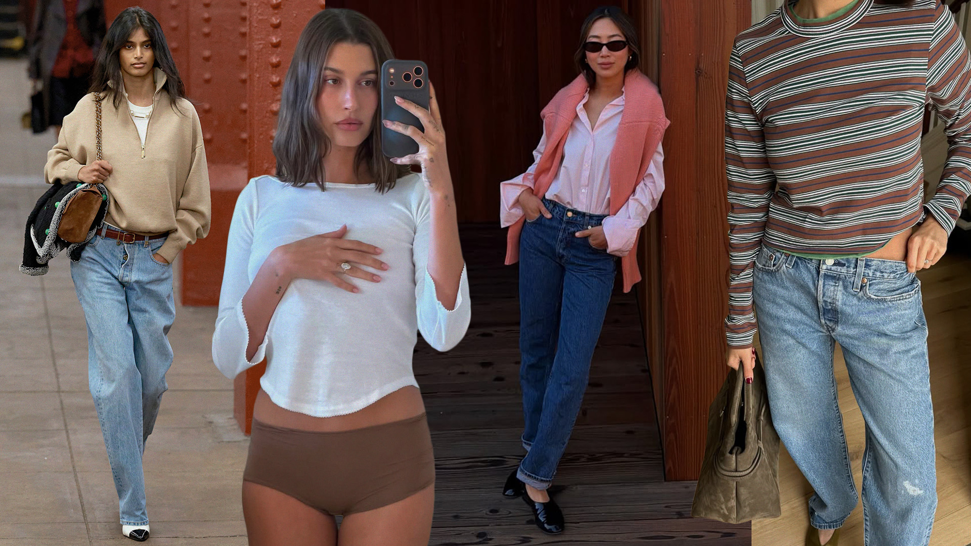 a collage of influencer, celebrity, and runway imagery featuring the biggest spring 2026 top trends