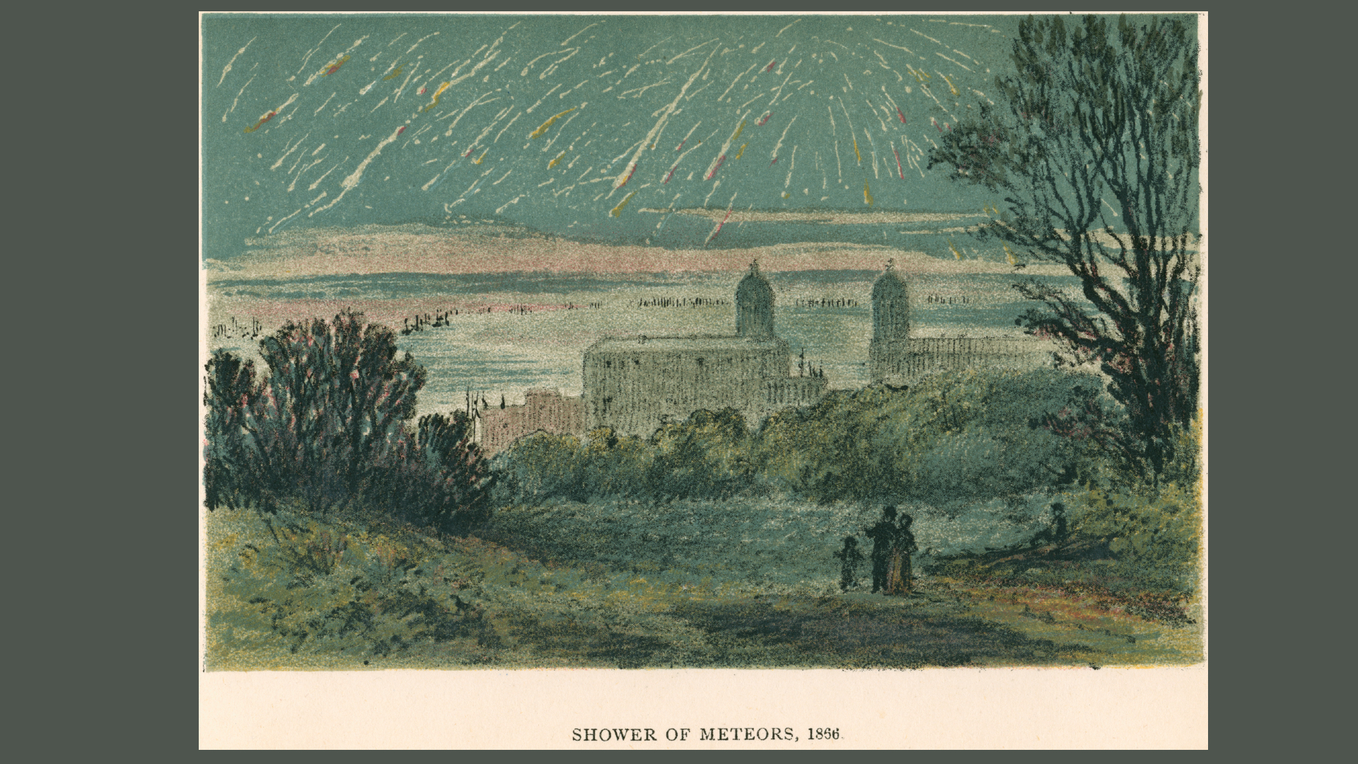 Painting showing hundreds of white meteor trails through the sky with people watching on from the hillside. London is pictured in the distance below the meteor storm.