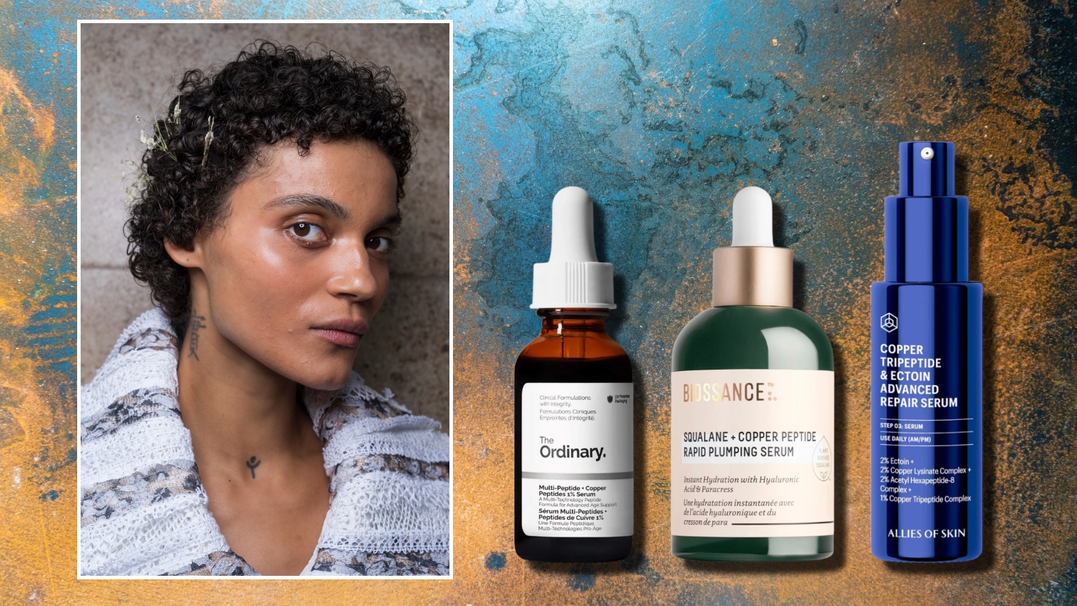 a young woman with dark short curly hair and glowing skin next to three bottles of copper peptides skincare
