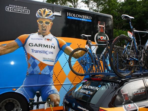 Tyler Farrar's bike is loaded on to the team car for its trip to the stage start.