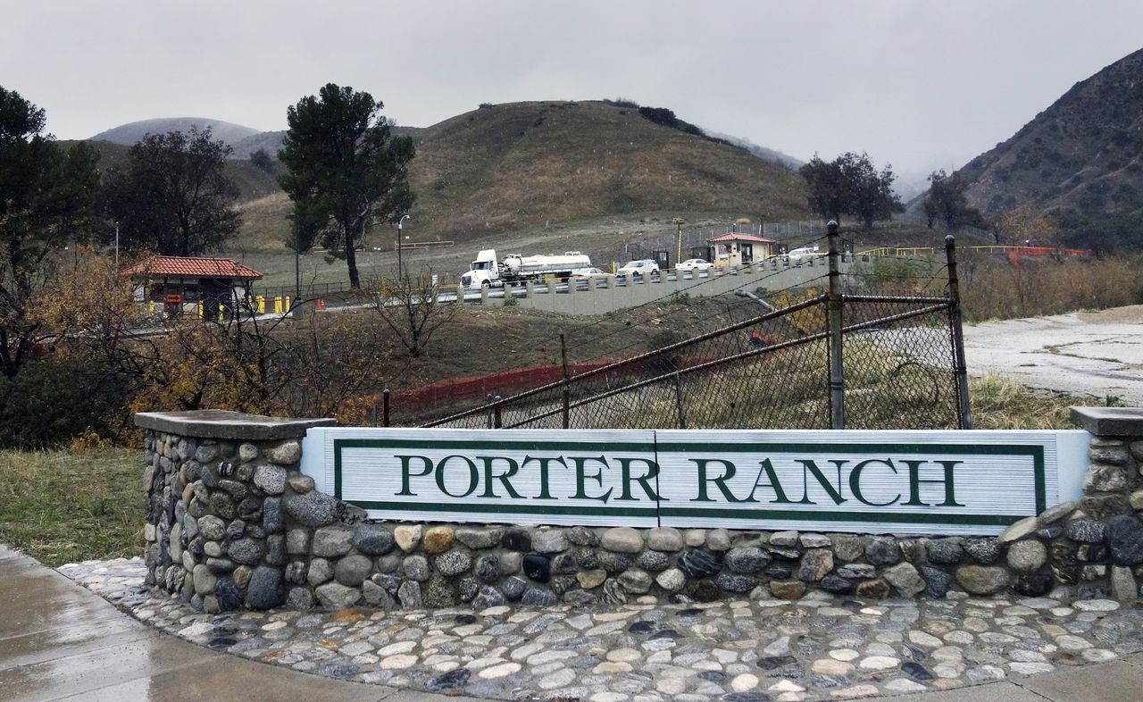 A truck leaves the Southern California Gas Co. facility where a natural gas well has been leaking uncontrollably for weeks in the Porter Ranch section of Los Angeles.