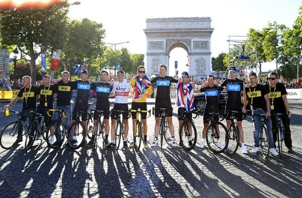 Team Sky riders and staff have much to celebrate on the Champs-&Eacute;lys&eacute;es.