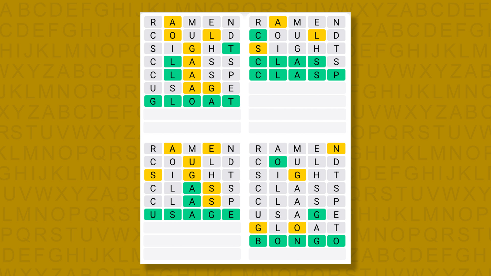 Quordle answers for game 1429 on a yellow background