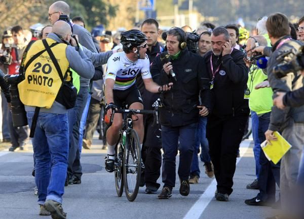 Cavendish is mobbed after the finish