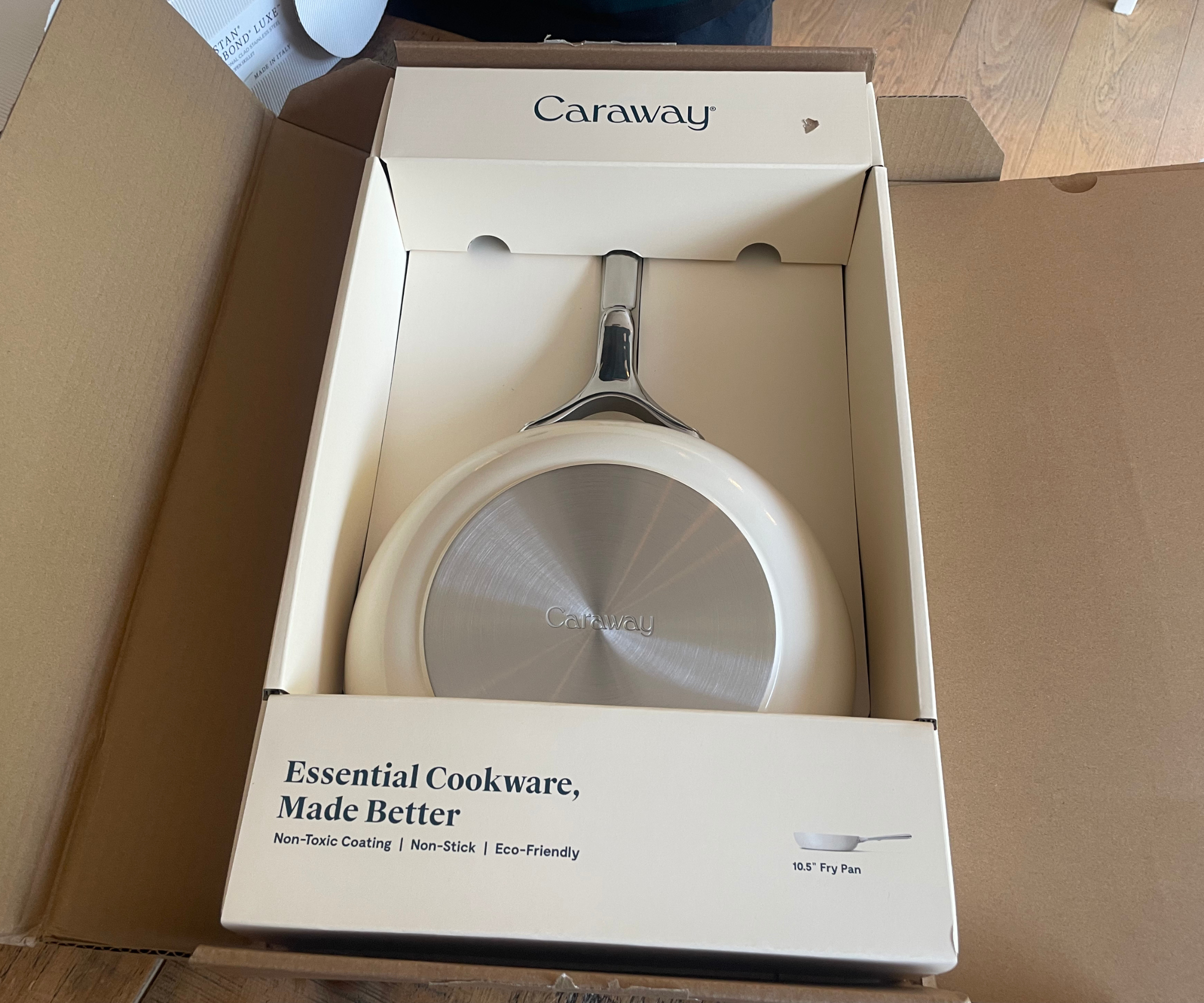 The non-stick Ceramic Caraway pan arrived in this chic packaging