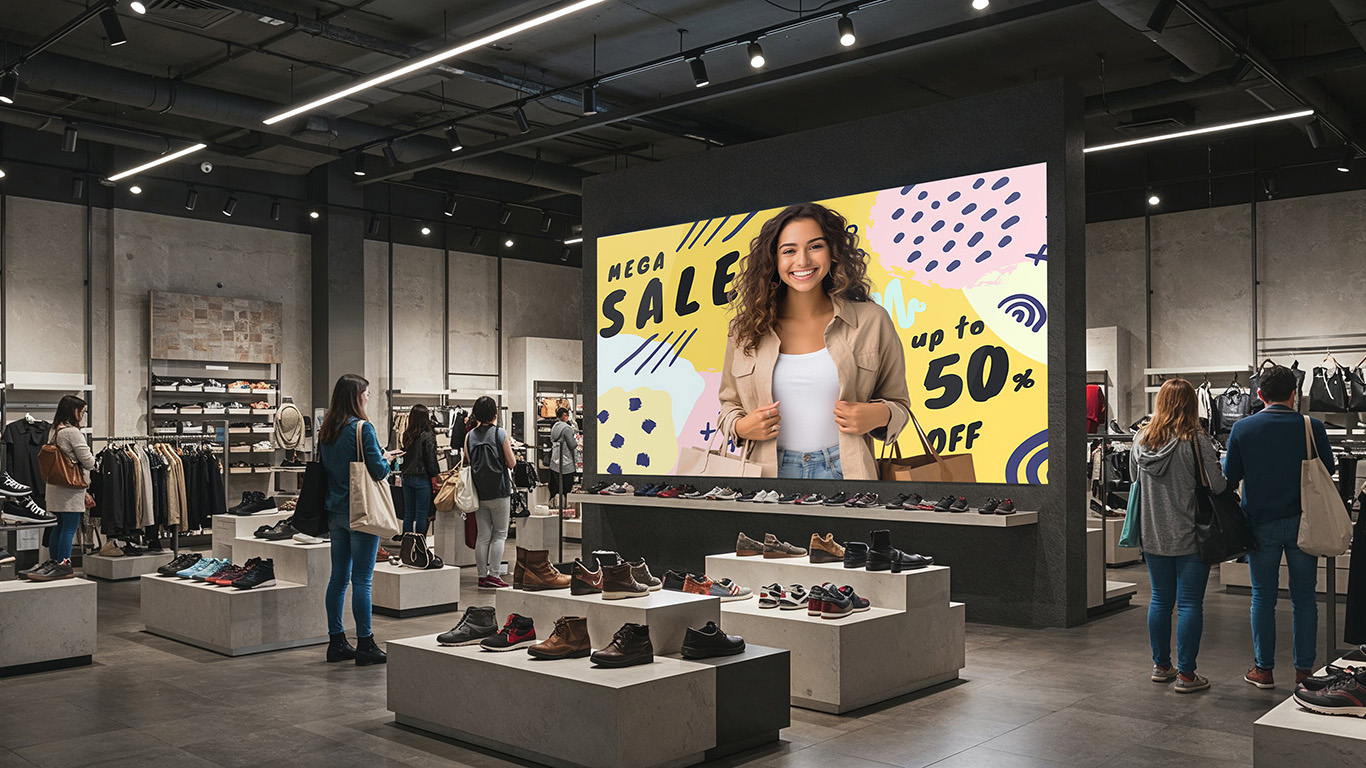 The new Nanolumens fine pixel pitch display advertising a smiling woman shopping. 