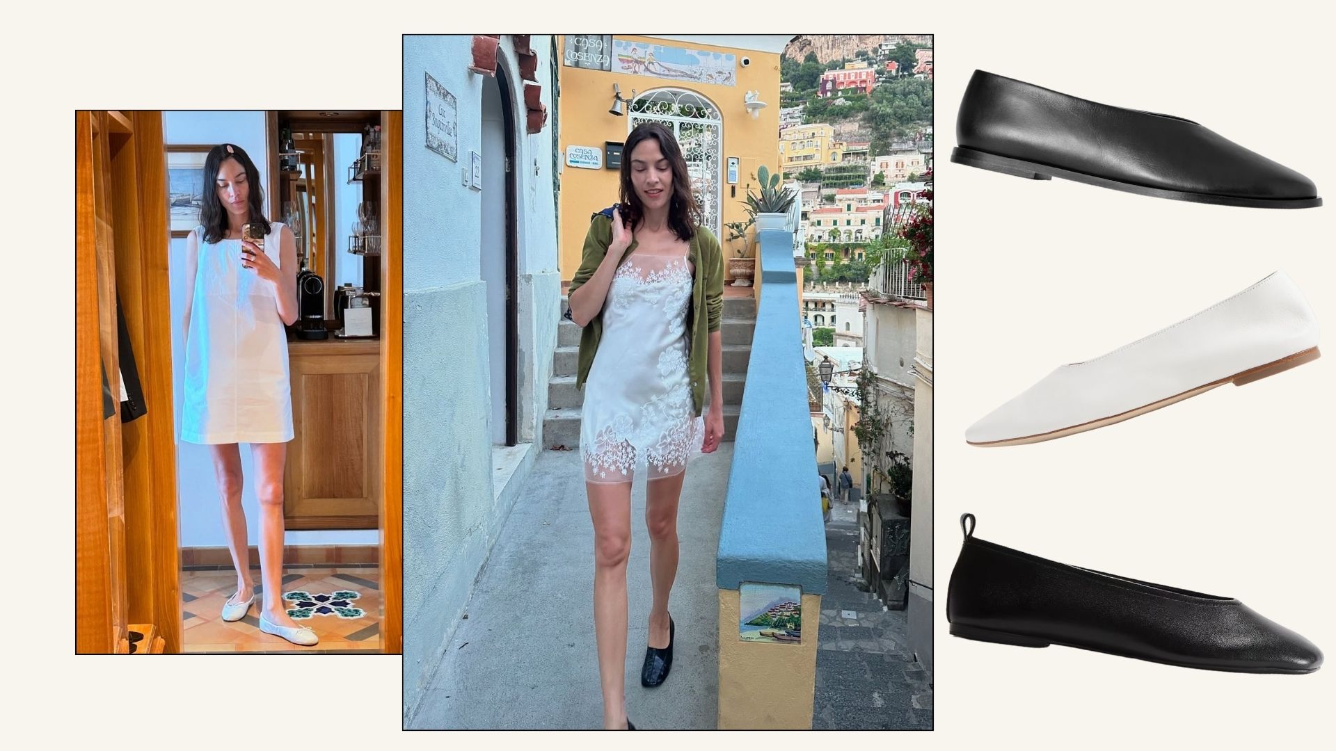 Alexa Chung walks down a pathway in Positano wearing a white satin lace slip dress with black square-toe flats and an olive green cardigan.