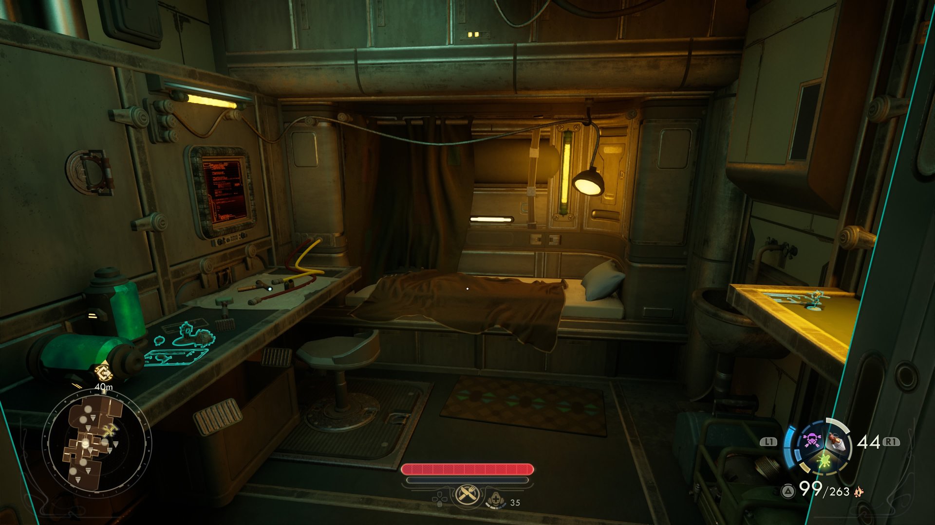 The Outer Worlds 2 screenshot showing companion Niles' quarters on the Incognito ship, which includes a bed, some model kits, and engineering tools