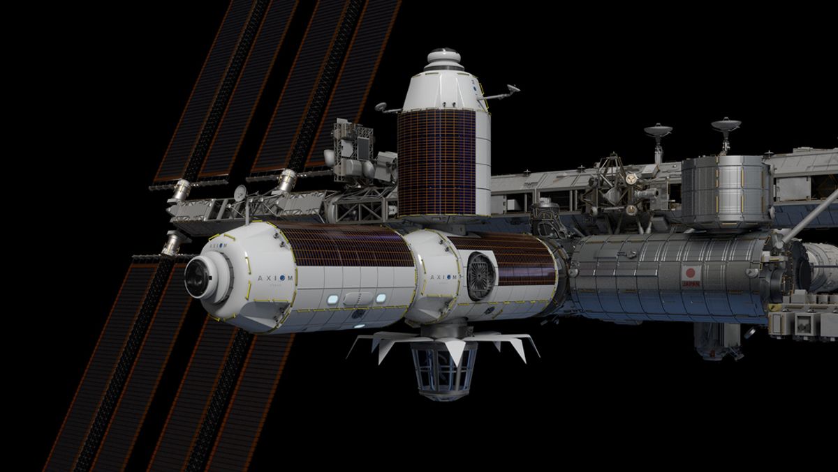 Artist&#039;s rendering of concept design for Axiom Station berthed at the Harmony module of the International Space Station.