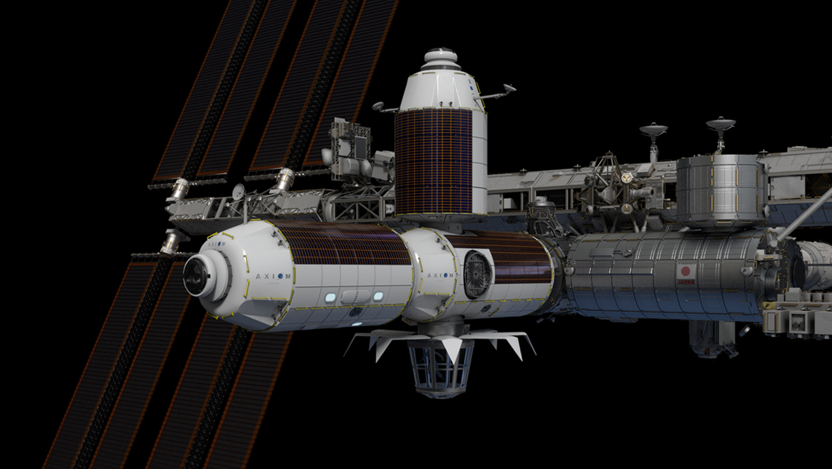 Artist's rendering of concept design for Axiom Station berthed at the Harmony module of the International Space Station.