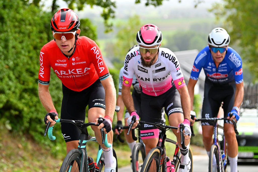 MONTDELENCLUS BELGIUM SEPTEMBER 28 LR Mathis Le Berre of France and Team ArkeaSamsic Celestin Guillon of France and Team Van RyselRoubaix Lille Metropole and Oscar Riesebeek of The Netherlands and Team AlpecinDeceuninck compete in the breakaway during the 82nd Circuit FrancoBelge 2023 a 1906km one day race from Tournai to MontdelEnclus on September 28 2023 in MontdelEnclus Belgium Photo by Luc ClaessenGetty Images