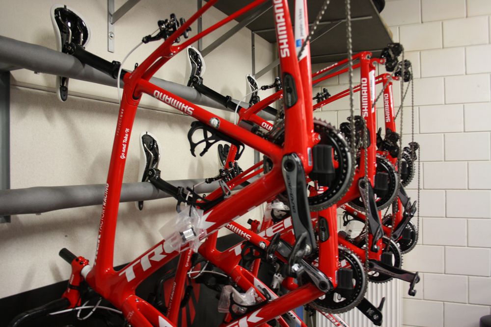 Each rider has a section in the service course with bikes and frames for the entire season