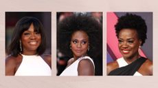 Three vertical images of actor and producer Viola Davis set against a dusky pink watercolour-style background