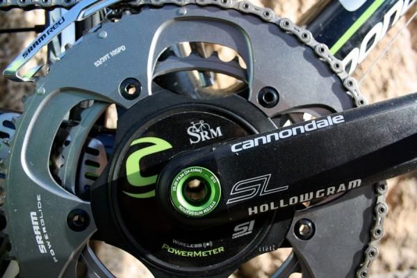 SRAM Red chainrings are fitted to Cannondale's own Hollowgram SL crankarms and SRM's power measuring spider.