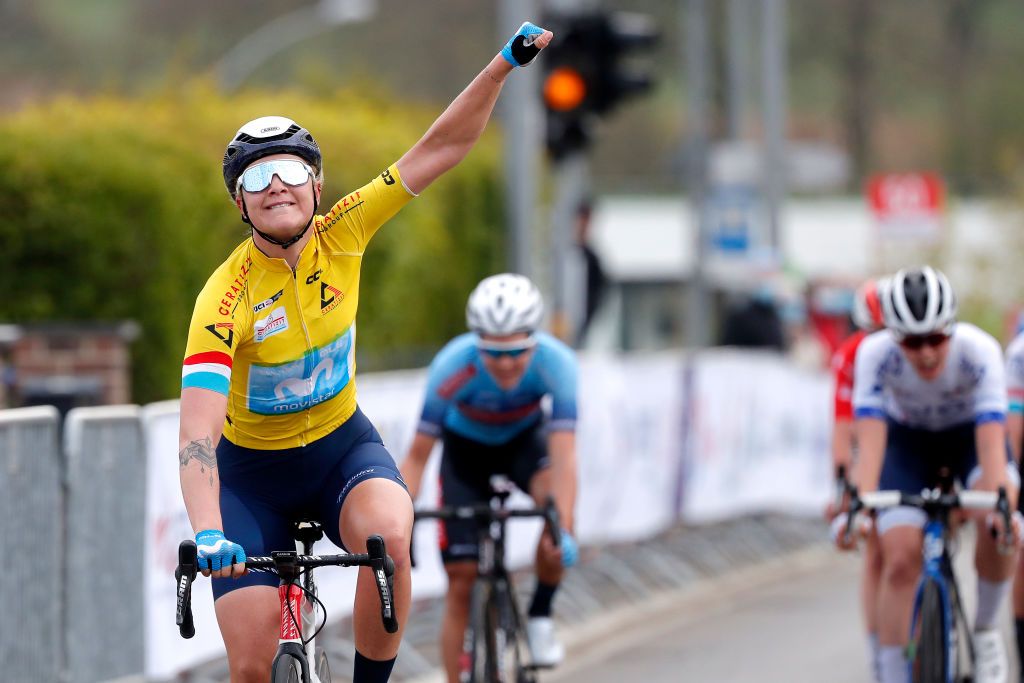 GARNICH LUXEMBOURG MAY 02 Emma Norsgaard Jorgensen of Denmark and Movistar Team Yellow Leader Jersey celebrates at arrival during the 13th Ceratizit Festival Elsy Jacobs 2021 Stage 2 a 1053km stage from Garnich to Garnich felsy UCIProSeries on May 02 2021 in Garnich Luxembourg Photo by Bas CzerwinskiGetty Images