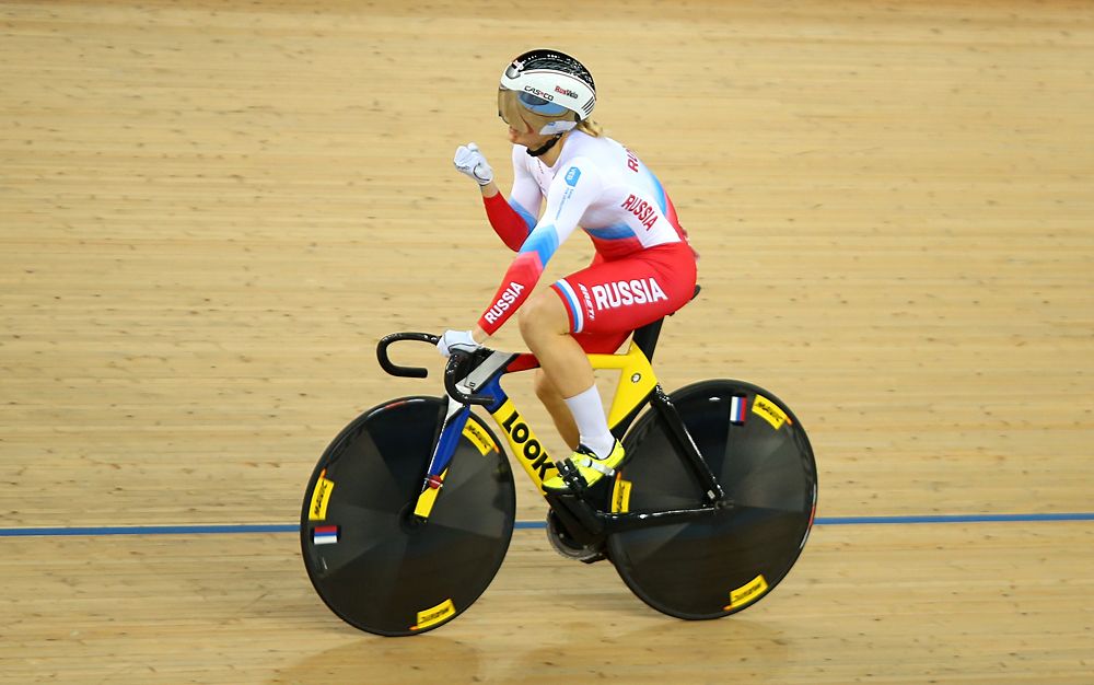 Anastasiia Voinova of Russia celebrates after winning The Women's 500m Time Trail final