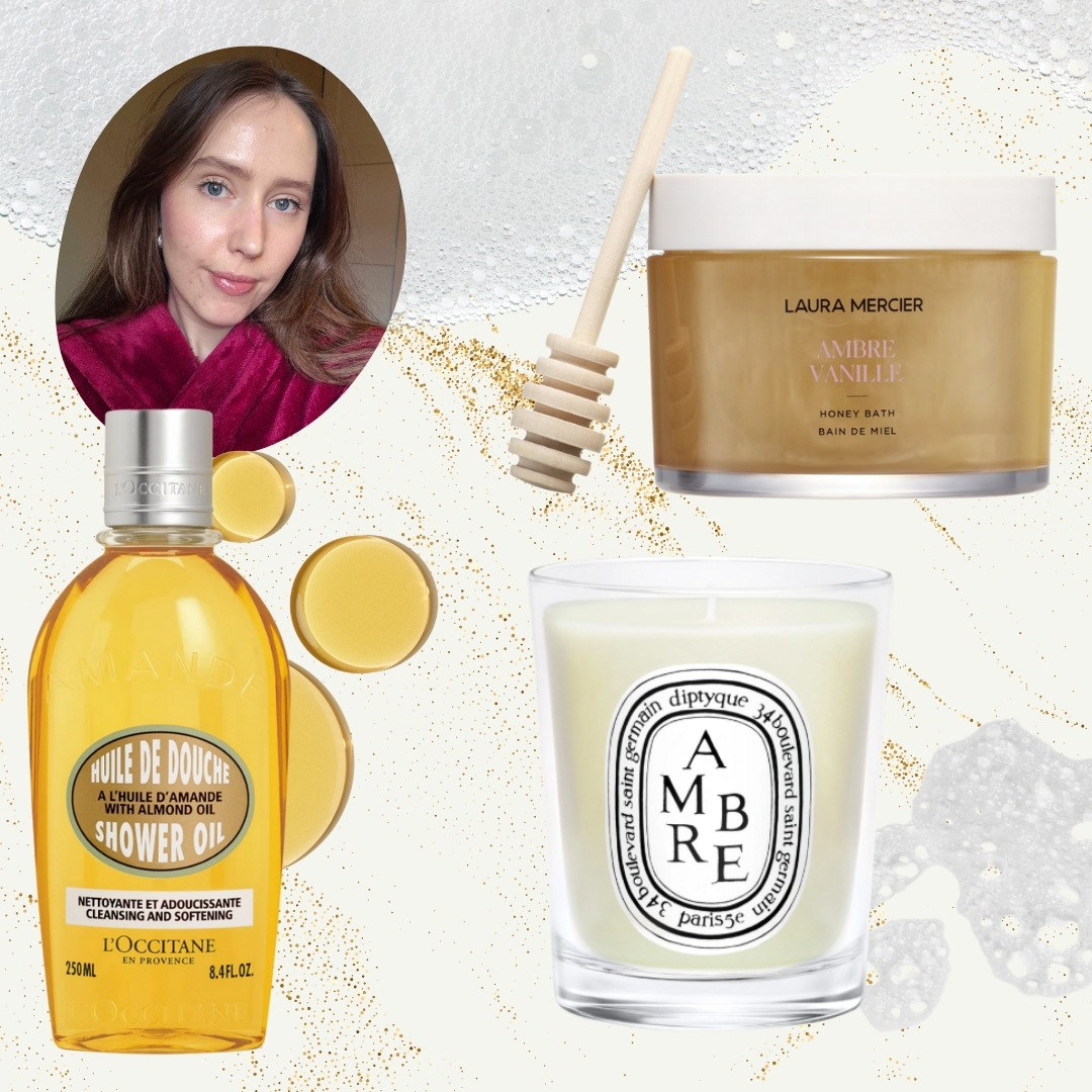 A picture of Digital Beauty Writer, Naomi Jamieson wearing a red dressing gown alongside product shots of the L'Occitane almond shower oil, the Laura Mercier Honey Bath and the Diptyque Ambre candle/ on a cream background with a gold glitter and bubble bath overlay