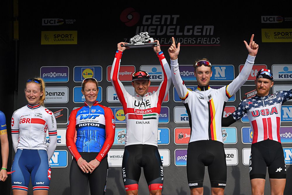 Elynor Backstedt of Great Britain 1st position in U19 Women's Race / Kirsten Wild of The Netherlands and Team WNT-Rotor Pro Cycling 1st position in Women's Elite Race / Alexander Kristoff of Norway and UAE Team Emirates 1st position in Men's Elite Race / Jonas Rutsch of Germany 1st position in U23 Men's Race / Quinn Simmons of The United States 1st position in U19 Men's Race