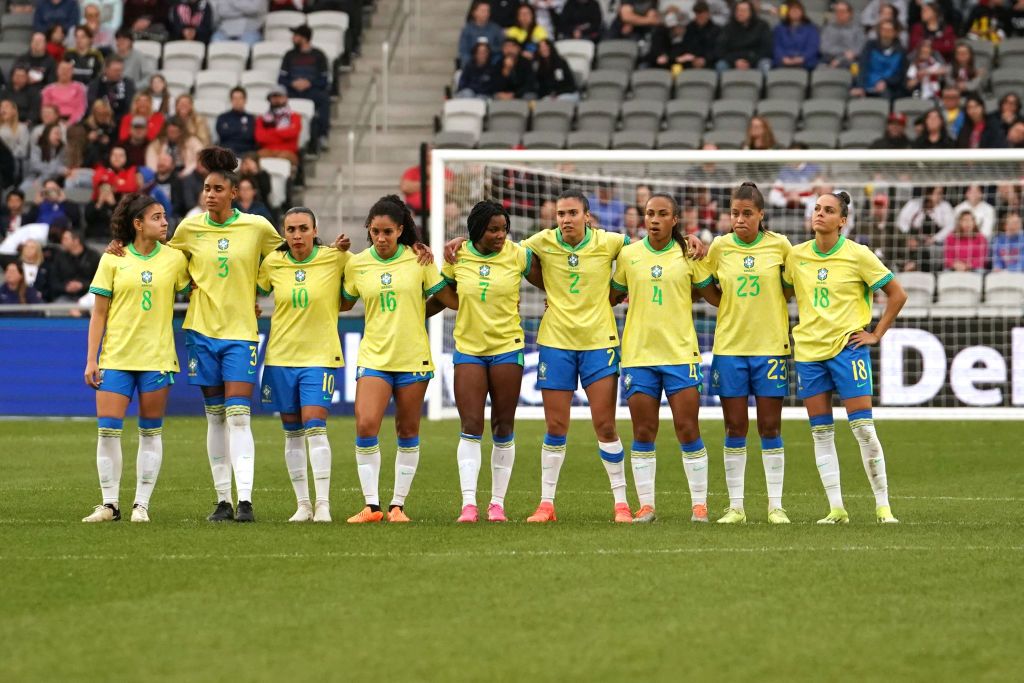 Brazil women Olympics 2024 squad Brazil players line up for penalty kicks during the 2024 SheBelieves Cup game against Japan at Lower.com Field on April 09, 2024 in Columbus, Ohio. (Photo by Jason Mowry/Getty Images)