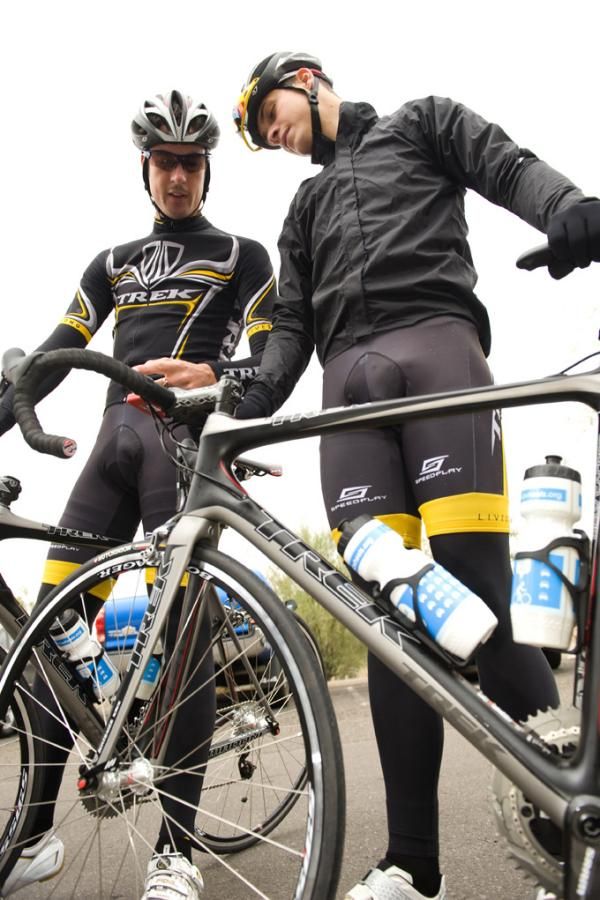 Recruits from the under-23 Trek-Livestrong squad Sam Bewley and Bjorn Selander check the details of their new bikes.