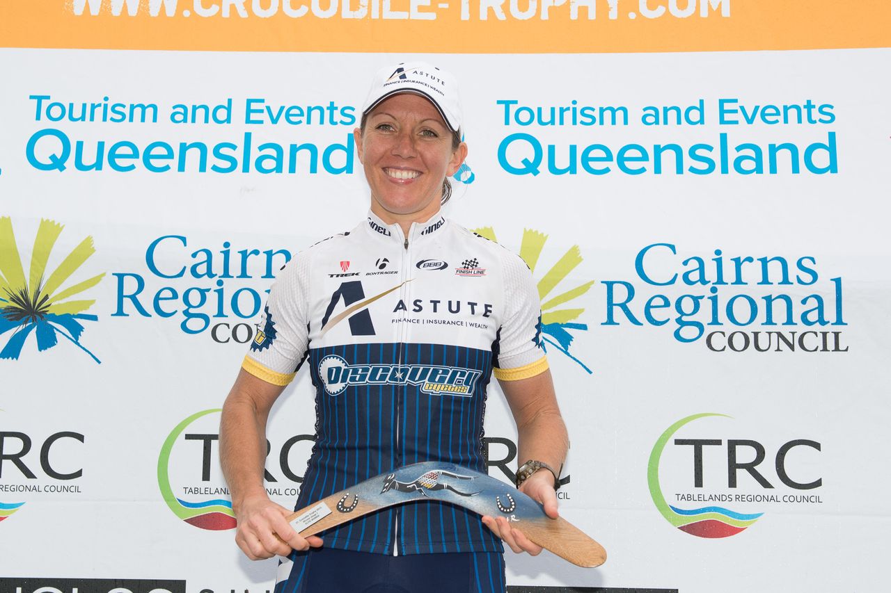 Sarah White with her boomerang stage trophy