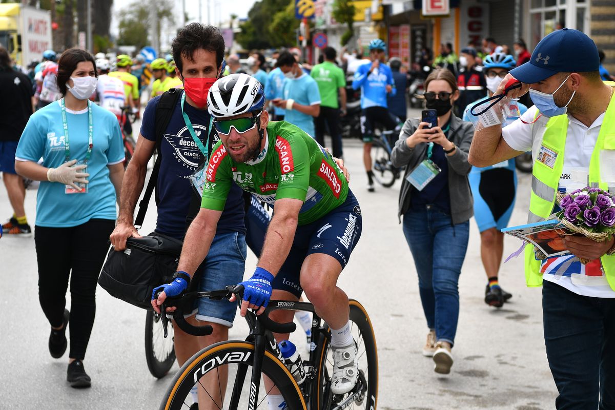 TURGUTREIS TURKEY APRIL 17 Mark Cavendish of United Kingdom and Team Deceuninck QuickStep Green Points Jersey during the 56th Presidential Cycling Tour Of Turkey 2021 Stage 7 a 180km stage from Marmaris to Turgutreis TUR2021 tourofturkeyTUR on April 17 2021 in Turgutreis Turkey Photo by Stuart FranklinGetty Images