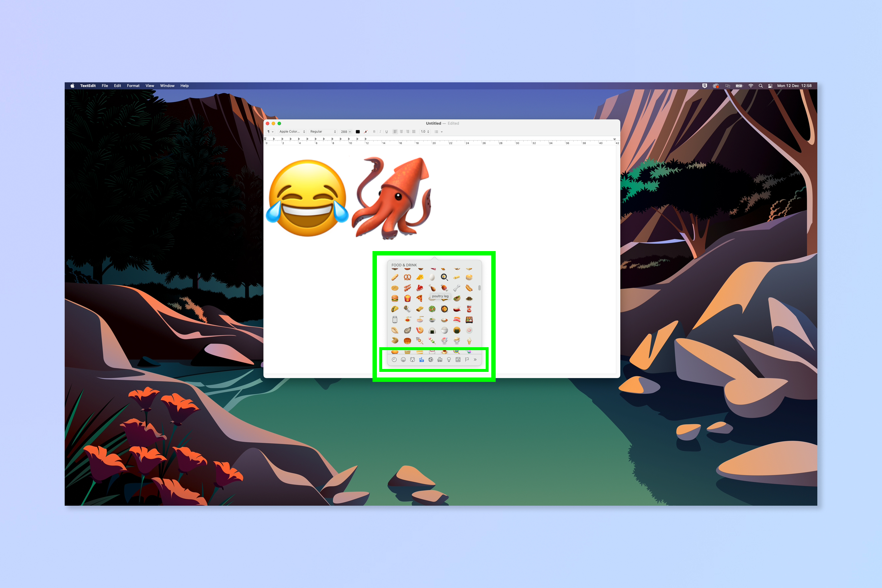 Снимок экрана, показывающий шаги, необходимые для доступа и использования клавиатуры emoji на Mac.