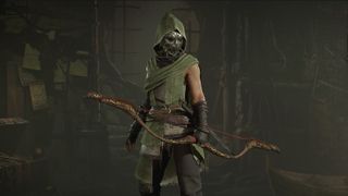 Diablo 4 - a rogue wears a green outfit, hood, and holds a bow in the wardrobe