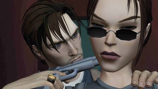 Screenshot from Tomb Raider: The Angel of Darkness showing Trent holding a gun to Lara's neck.