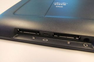 The Cisco Cius has an unusual two-port dock connector alongside its audio out and microHDMI ports