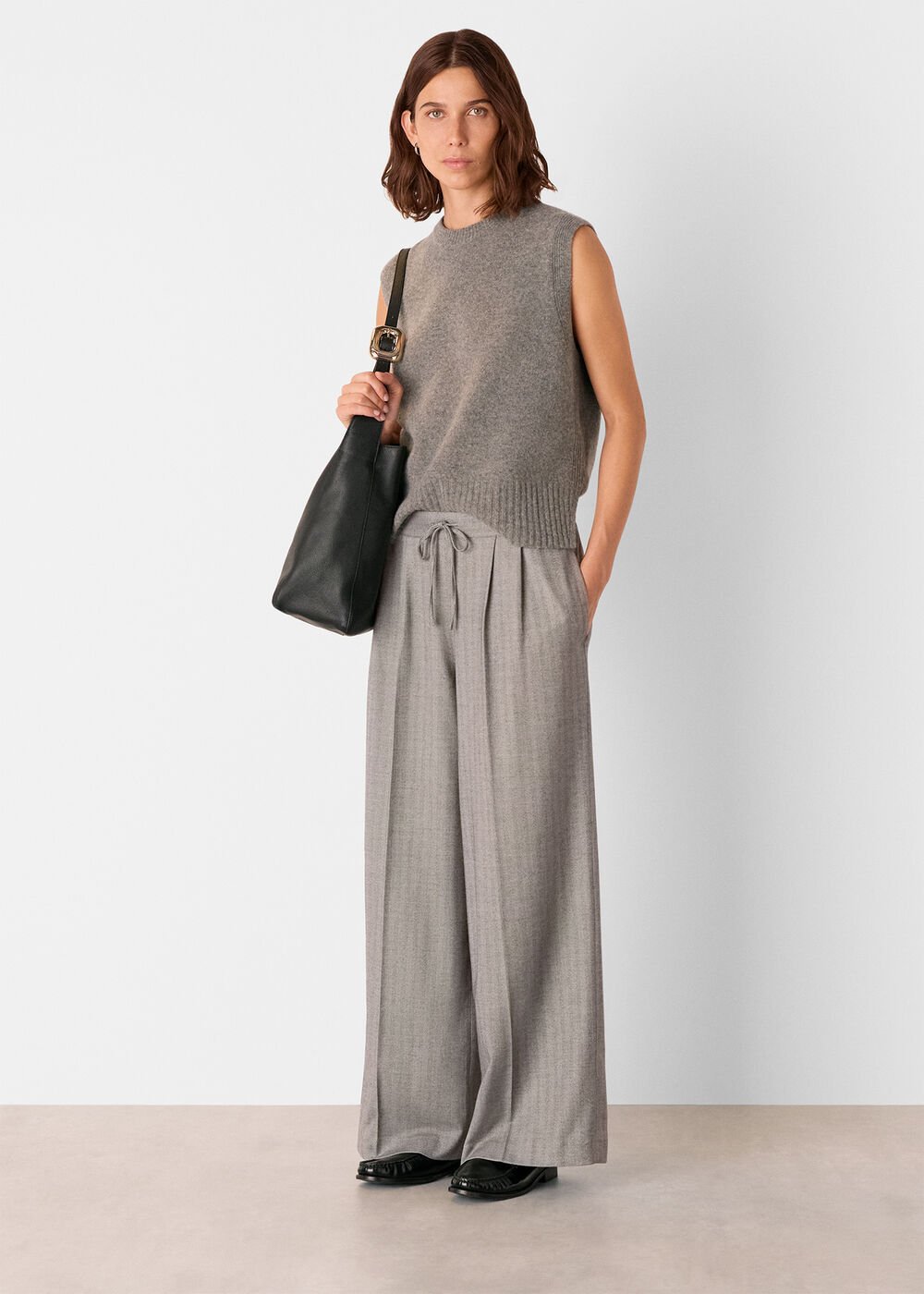 Grey Herringbone Wide Leg Trouser