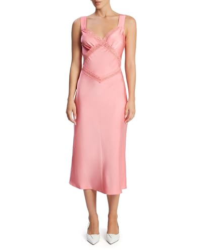 Bardot Emory Satin Slip Dress for Women - Pink Midi, V-Neck, Lingerie Inspired, Lace Trim, Back Cutout Party Wear