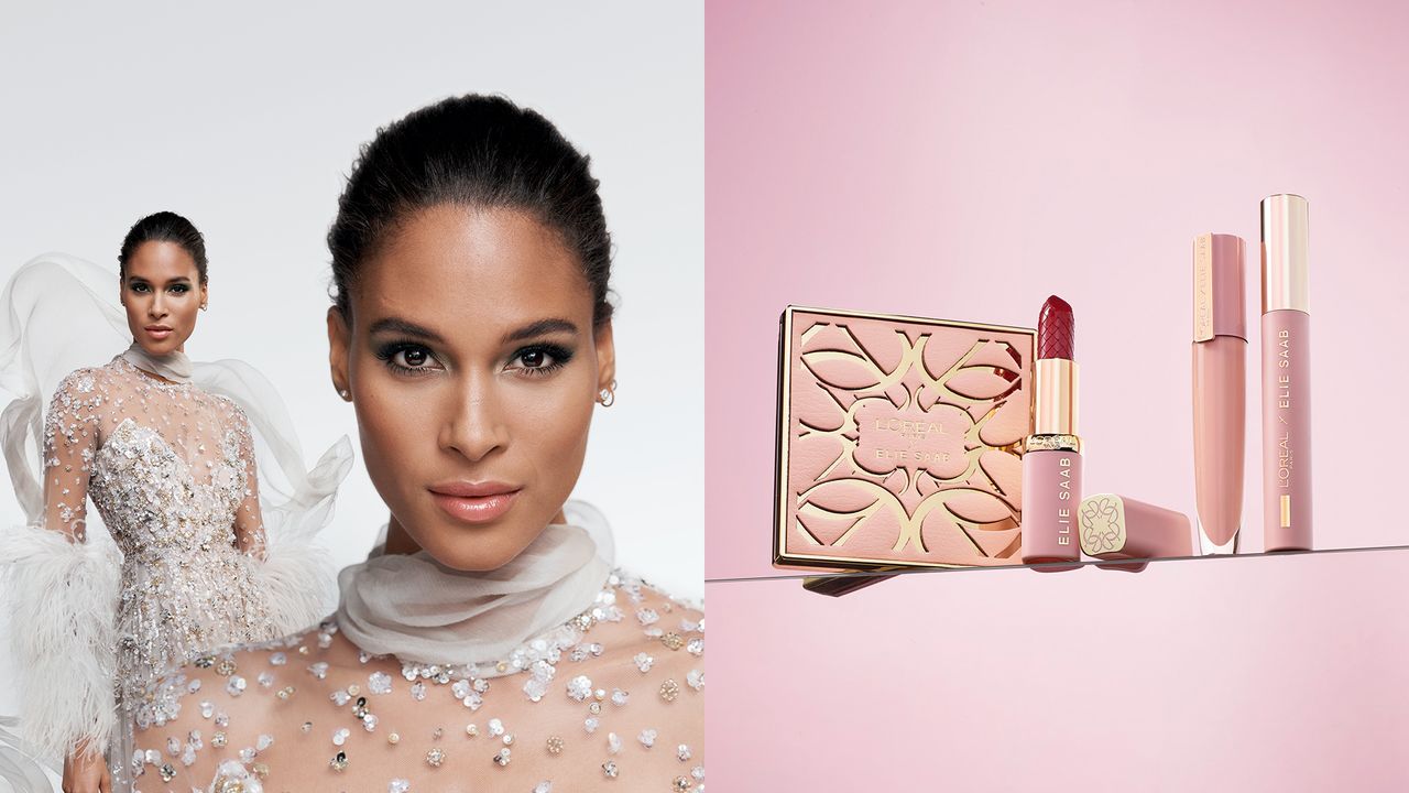 Campaign shot of Cindy Bruna alongside image of the L&#039;Oréal Paris x Elie Saab collection